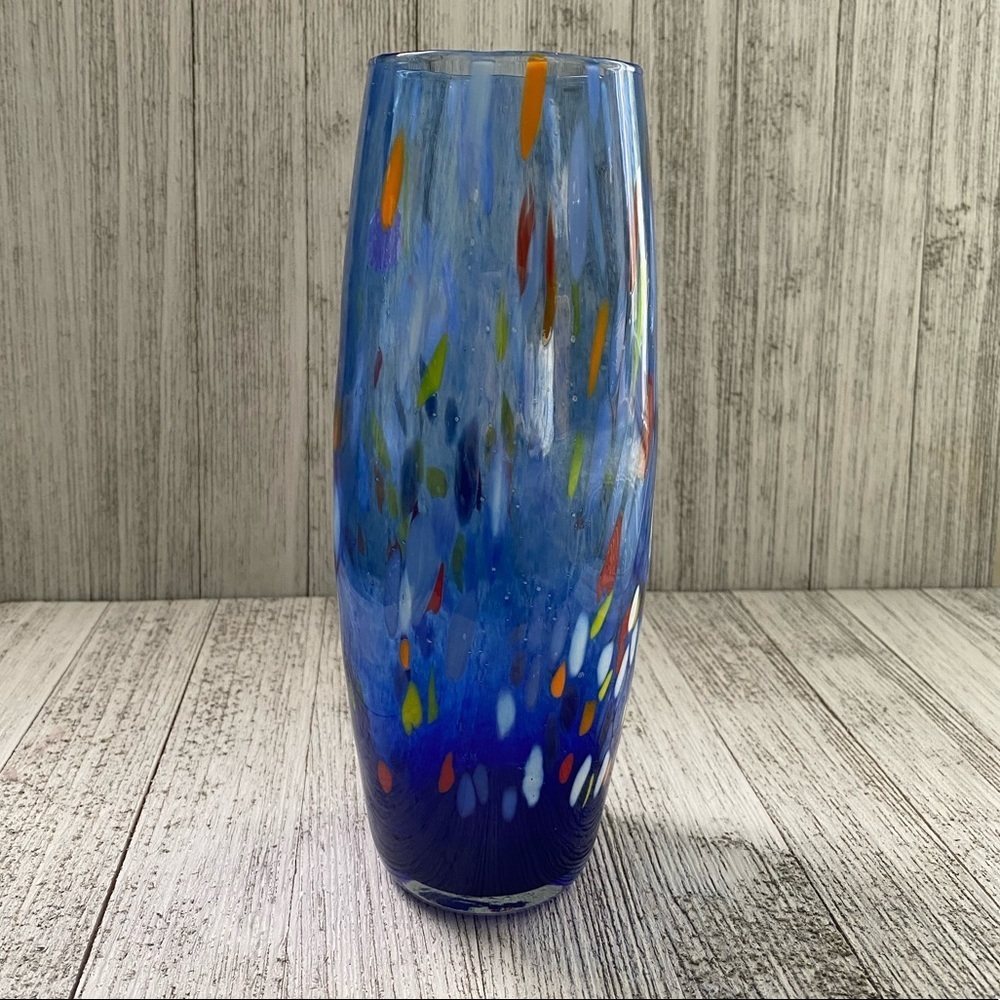 Unique Murano Inspired Glass Vase (9 inch), "Blue-Carnival Confetti